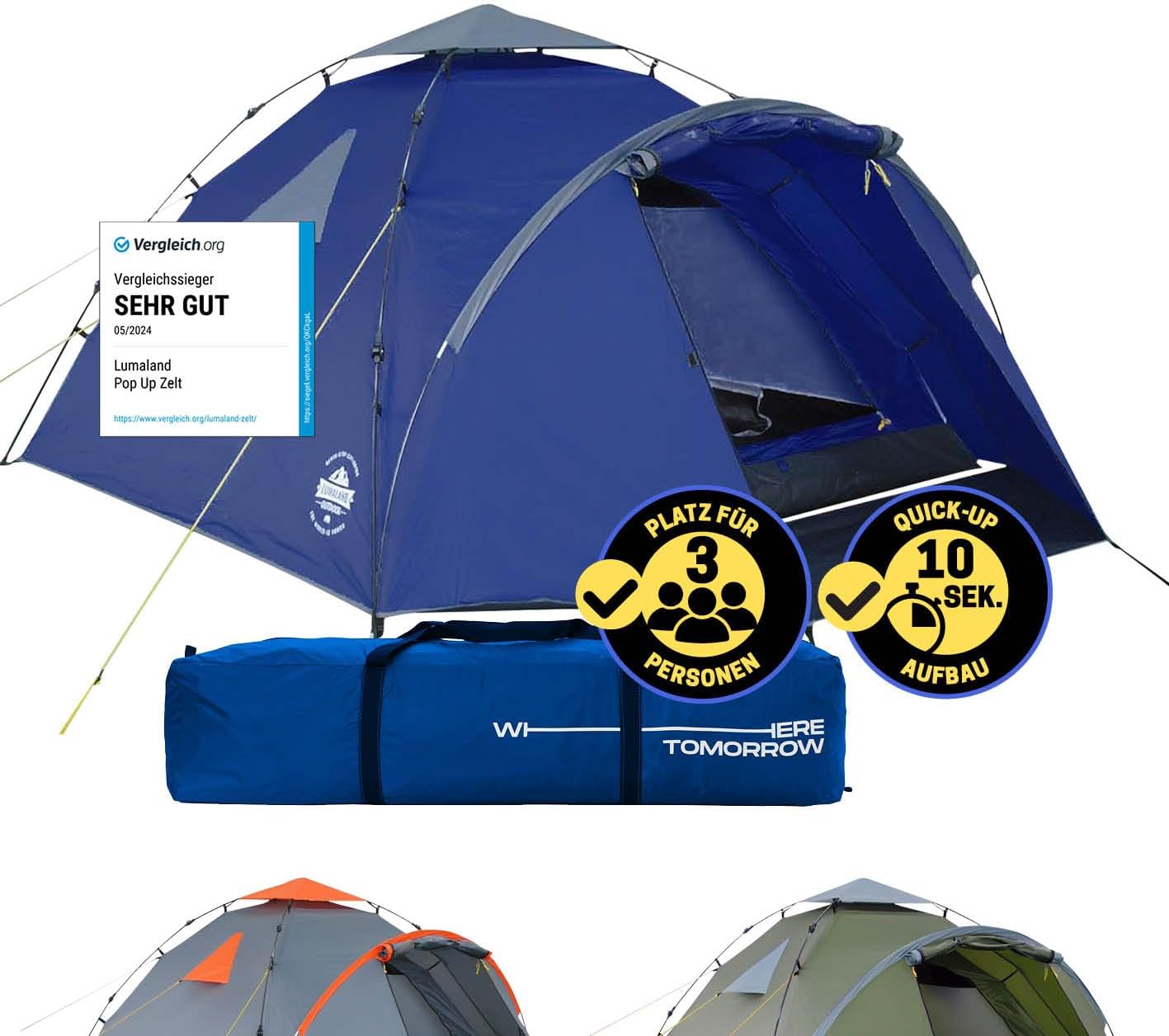 Lumaland Pop Up Tent 3-4 people Family tent throwing tent interior dimensions 210x210x120 cm Waterproof & Windproof Ideal as a camping festival & travel tent Ultralight & robust