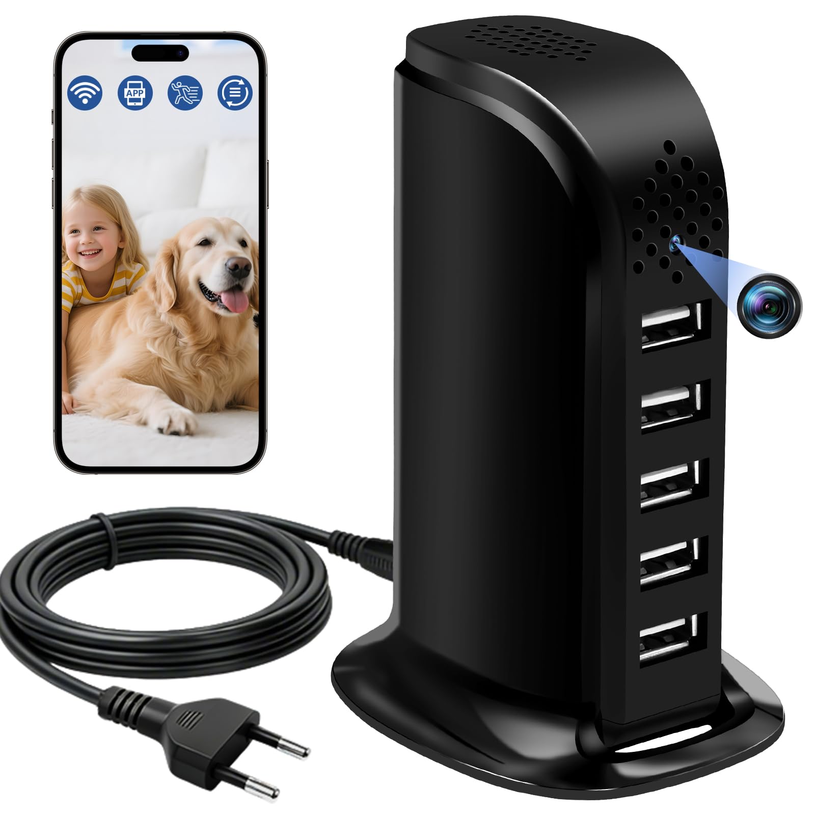 MiniCámara Espía HD 1080p, Cámara Oculta WiFi 2,4/5 GHz, Cargador USB de 5 Puertos Microcámara Oculta con Detección de Movimiento/Grabación en Bucle y Visualización Remota