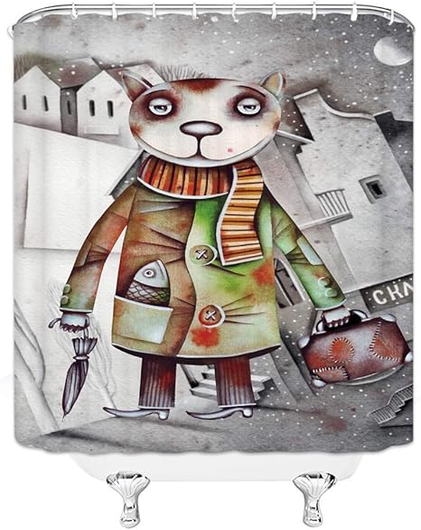 Amazon Hiyash 旅行犬のシャワーカーテンファンタジーイラストかわいい動物の犬の装飾シャワー カーテン漫画クリエイティブファブリックバスルーム装飾フック付き70インチグレー シャワーカーテン ホーム キッチン オンライン通販