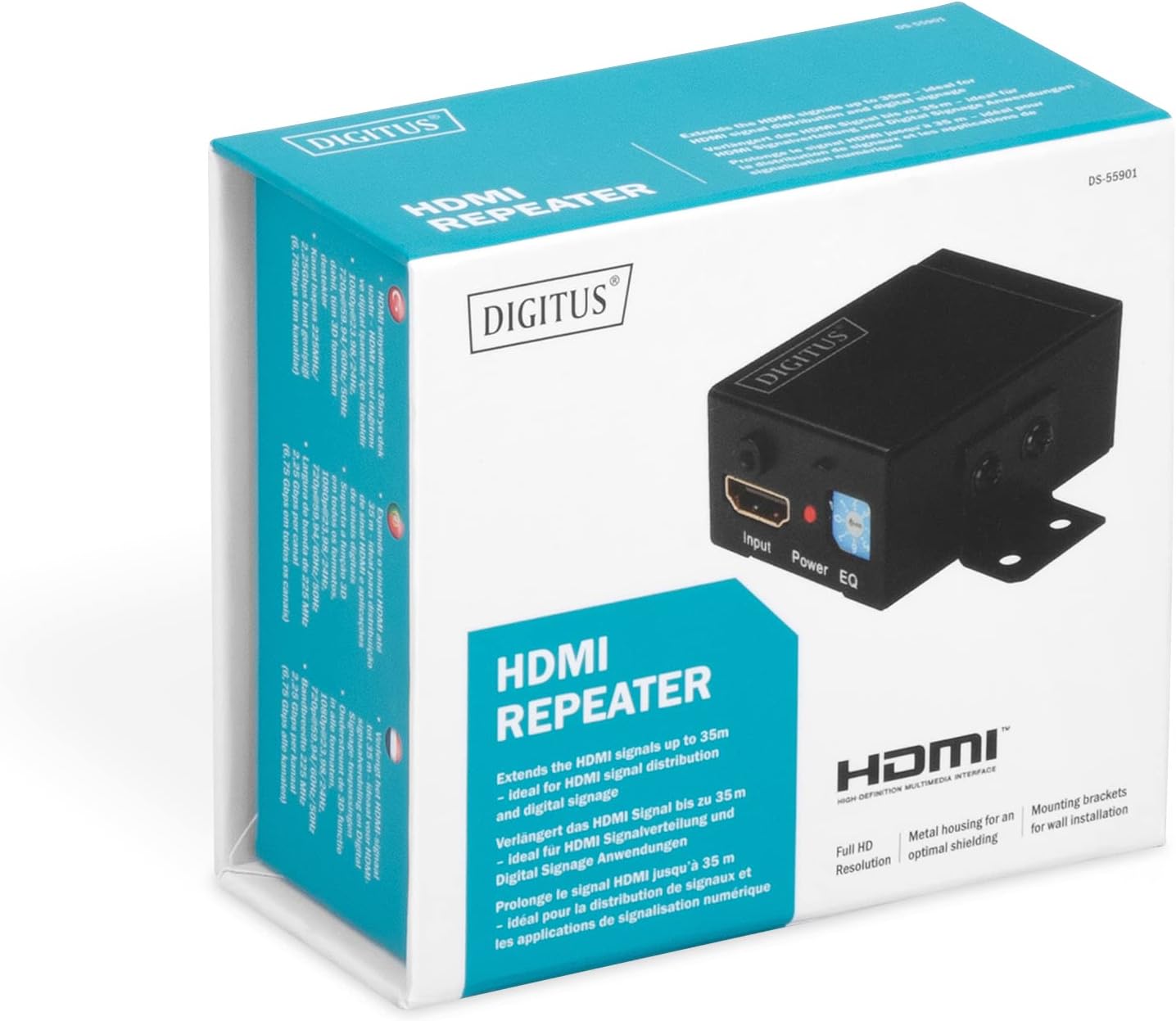 DIGITUS HDMI Repeater up to 35 m / 225 MHz/max.1080p Resolution/HDCP Pass Through/Includes Wall Mount