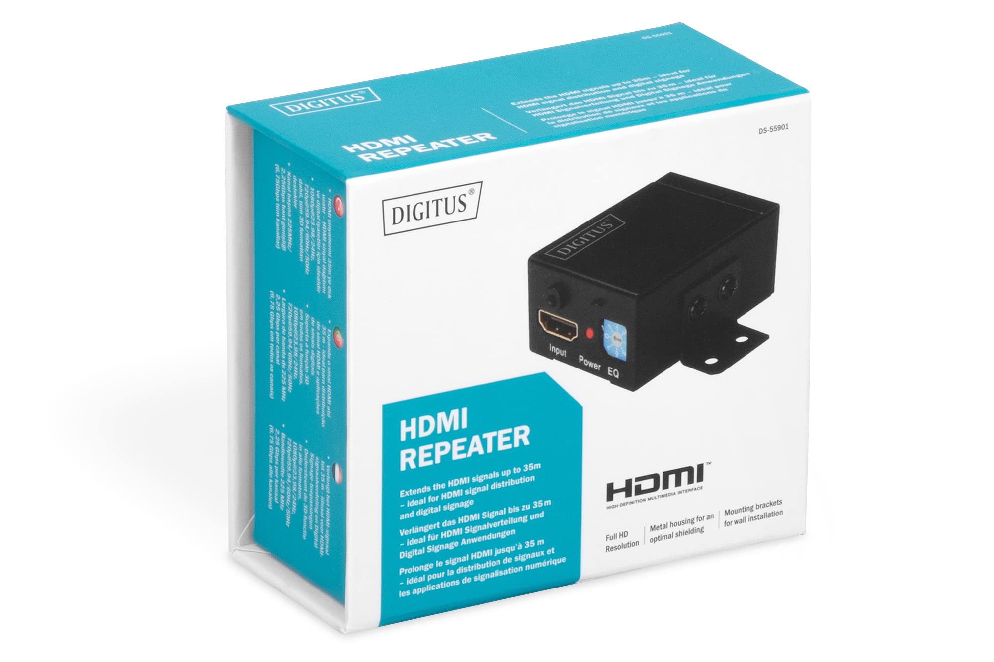 DIGITUS DS-55901 Repetidor HDMI, Full HD (HDTV: 1920 x 1080p) Máx 35 m, Extensor, amplificador de señal, HDCP, LPCM, DTS Digital, Dolby Digital, DTS-HD, Dolby True HD, Alimentación: 5 V CC