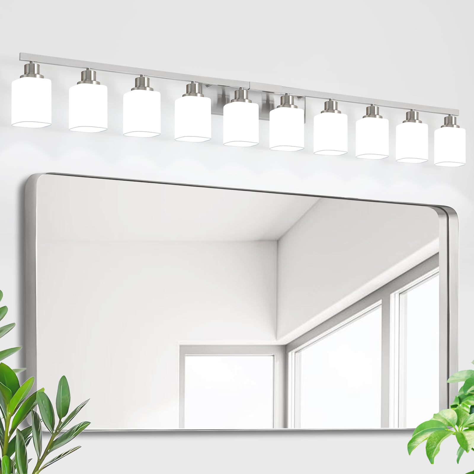 DIKAIDA 10-Light Brushed Nickel Bathroom Vanity Light with Frosted Glass