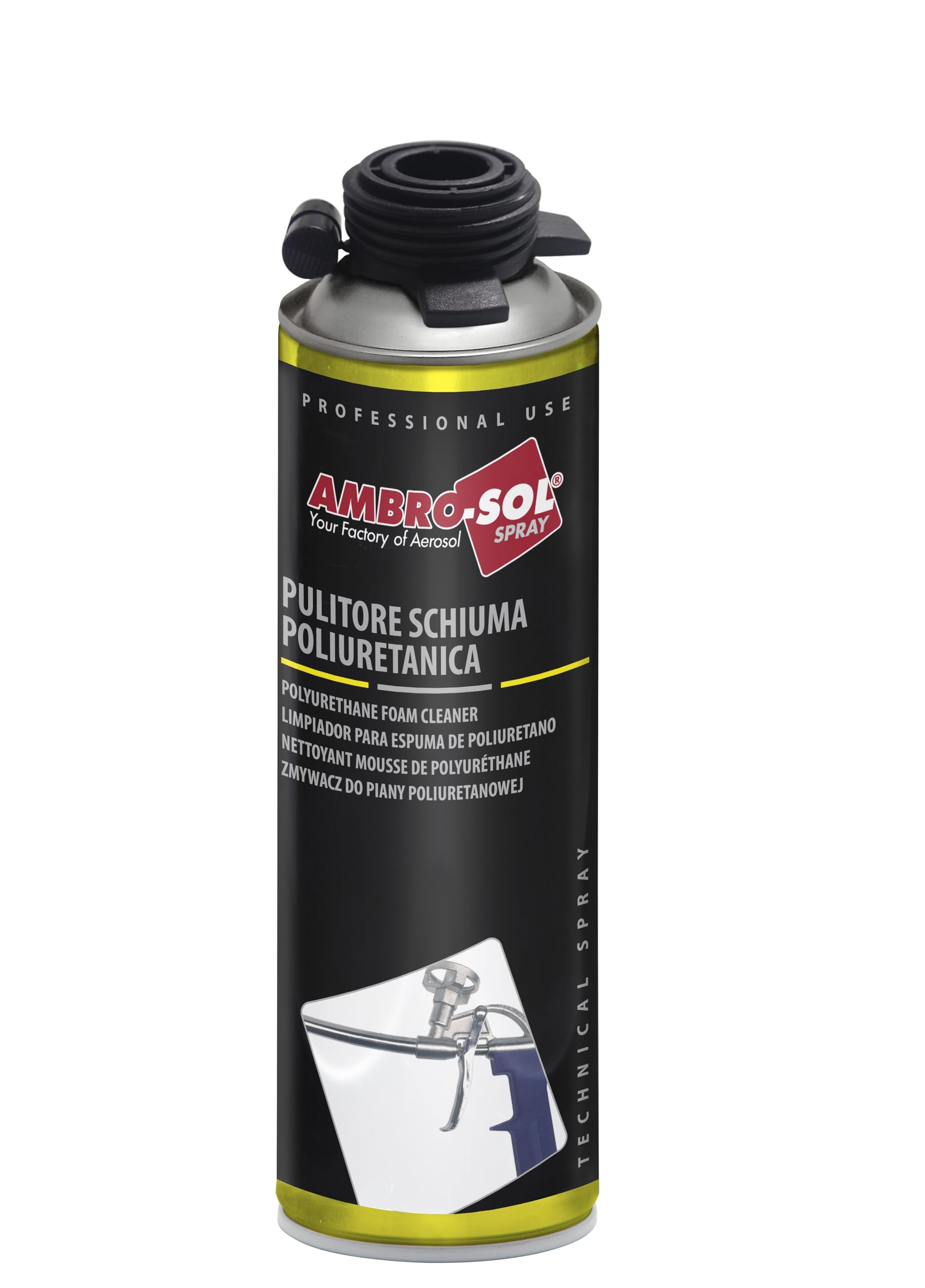 Ambro-Sol - P302 Pulitore Schiuma Poliuretanica, Rimuove Residui di Schiuma Poliuretanica da Attrezzaturee da Indumenti, Bomboletta Spray in Banda Stagnata 100% Riciclabile all'Infinito da 500 ml