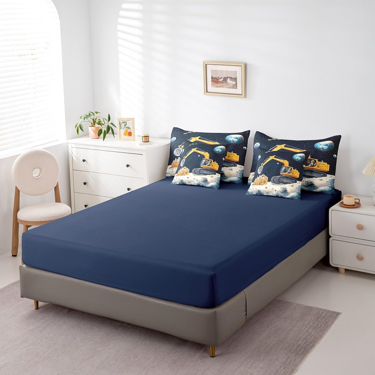 Manfei Excavator Comforter Set Bed in a Bag 7 Pieces Full,Moon Construction Vehicles Bedding Set,Mystery Universe Satellite (Comforter+Fitted+Flat Sheet+2 Pillowcases+2 Throw Pillow Covers)