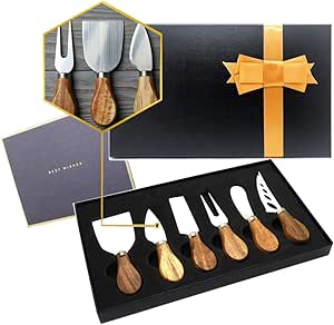 Premium 6-Piece Cheese Knife Set,Complete Stainless Steel Cheese Knives Collection (Acacia Wood Handle)-Charcuterie Boards Accessories,Gift-Ready