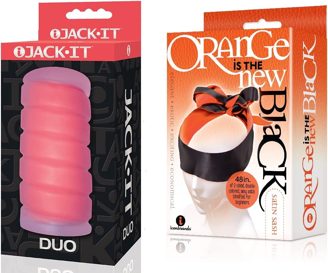 Sexy Gift Set Bundle of Jack-It Duo, Cherry and Icon Brands Orange is The New Black, Satin Sash, Reversible Blindfold/Restraint