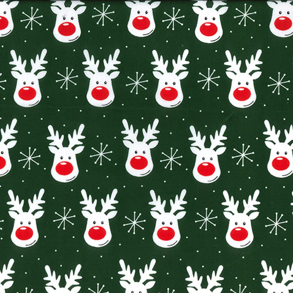 Oh Sew Crafty Limited Green Polycotton Fabric Christmas Reindeer Rudolph Festive Snowflakes Snow Xmas (Sold Per Metre) (Green)