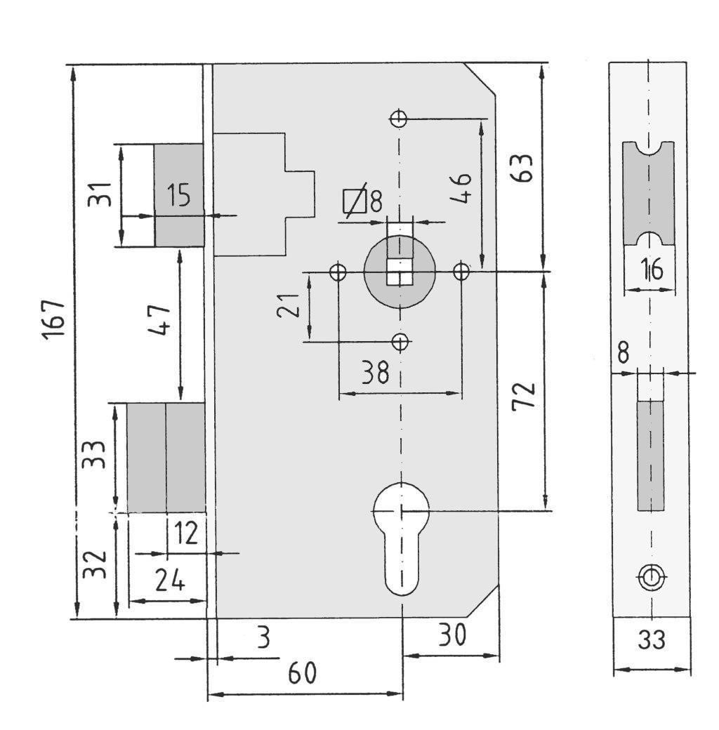 Einsteckschloss für Schlosskästen 40mm Rohr Stulp 33x167 mm Dorn 60 PZ/W 72/8 Tor-Ersatzschloss
