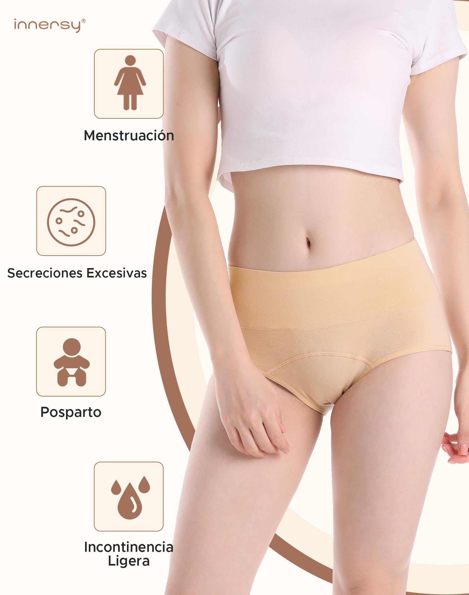 INNERSY Bragas Menstruales Mujer Cintura Alta Braga Menstrual Algodón Ropa Interior Protección Pack de 3