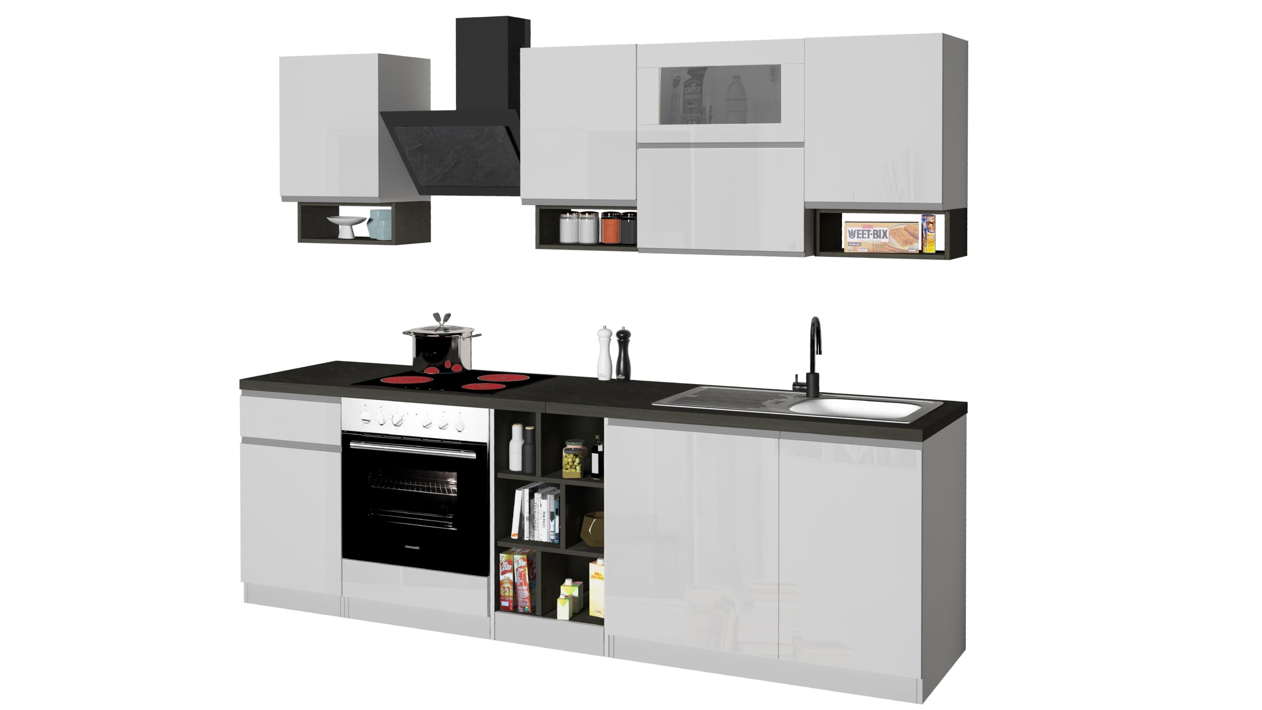 Generico Composizione Modulare da Soggiorno, 255x60x85.5 cm, Bianco laccato lucido/Bianco opaco/Report, Nobilitato e vetro e metallo, Modello SOLE, Design Moderno Made in Italy