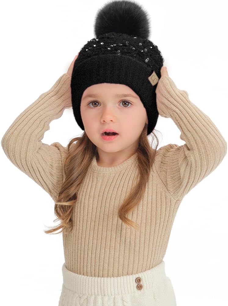 C.C Kids Sequin Fur Pom Beanie for Boys Girls - Comfortable Soft Warm Children Youth Knit Skully Hat with Faux Fur Pom - Image 3