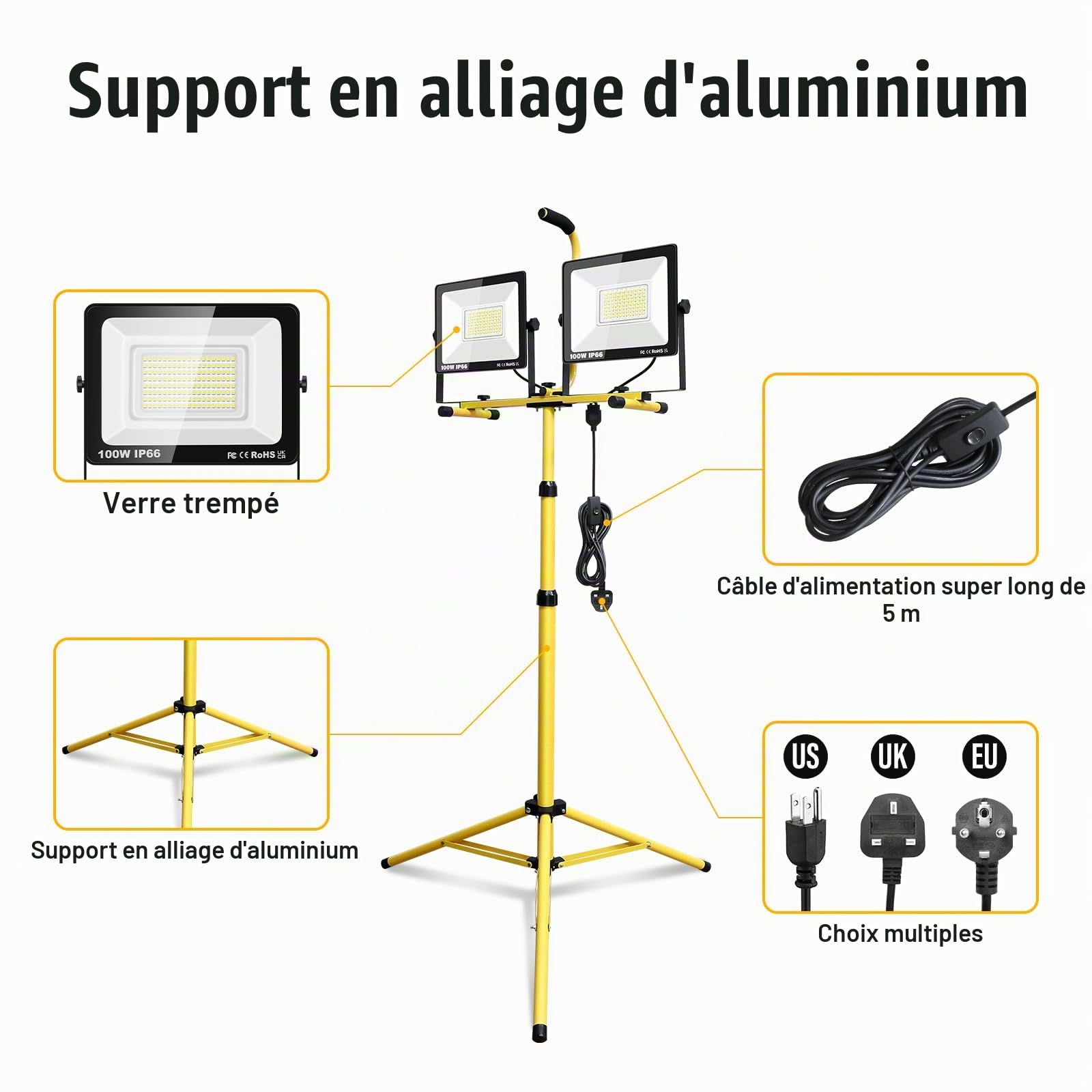 PICAA 2 Lampes 200W 20000LM Projecteur LED chantier avec trépied | Lampe de Travail,Étanche,175-265V,portable/flexible,pour extérieur/intérieur,Atelier, Garage,Construction,Sous-Sol,Câble 5M