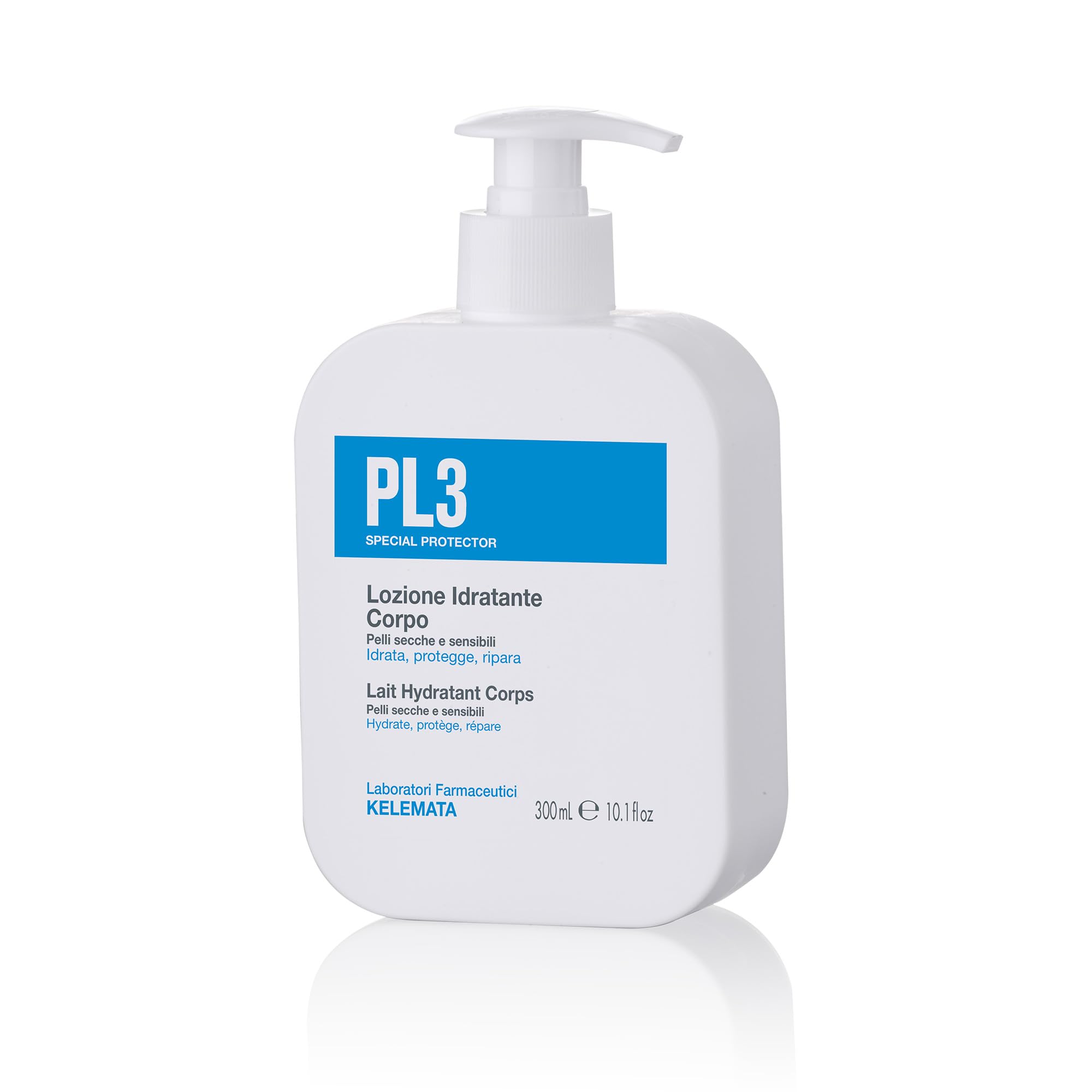 KELEMATA PL3 Lozione Idratante Corpo 300ml, Trattamento Tripla Azione per Pelle Secca e Delicata, Ripristina la Barriera Cutanea con Acido Ialuronico, Senza Oli Minerali, Formato Famiglia
