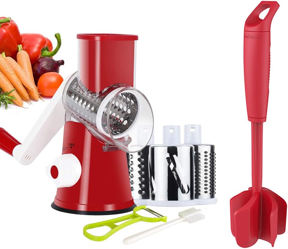 Ourokhome Rotary Cheese Grater Shredder and Hamburger Meat Chopper Stirrer, Round Food Slicer with 3 Drum Blades and Ground Beef Meat Breaker with Heat Resistant 5 Curved Blades