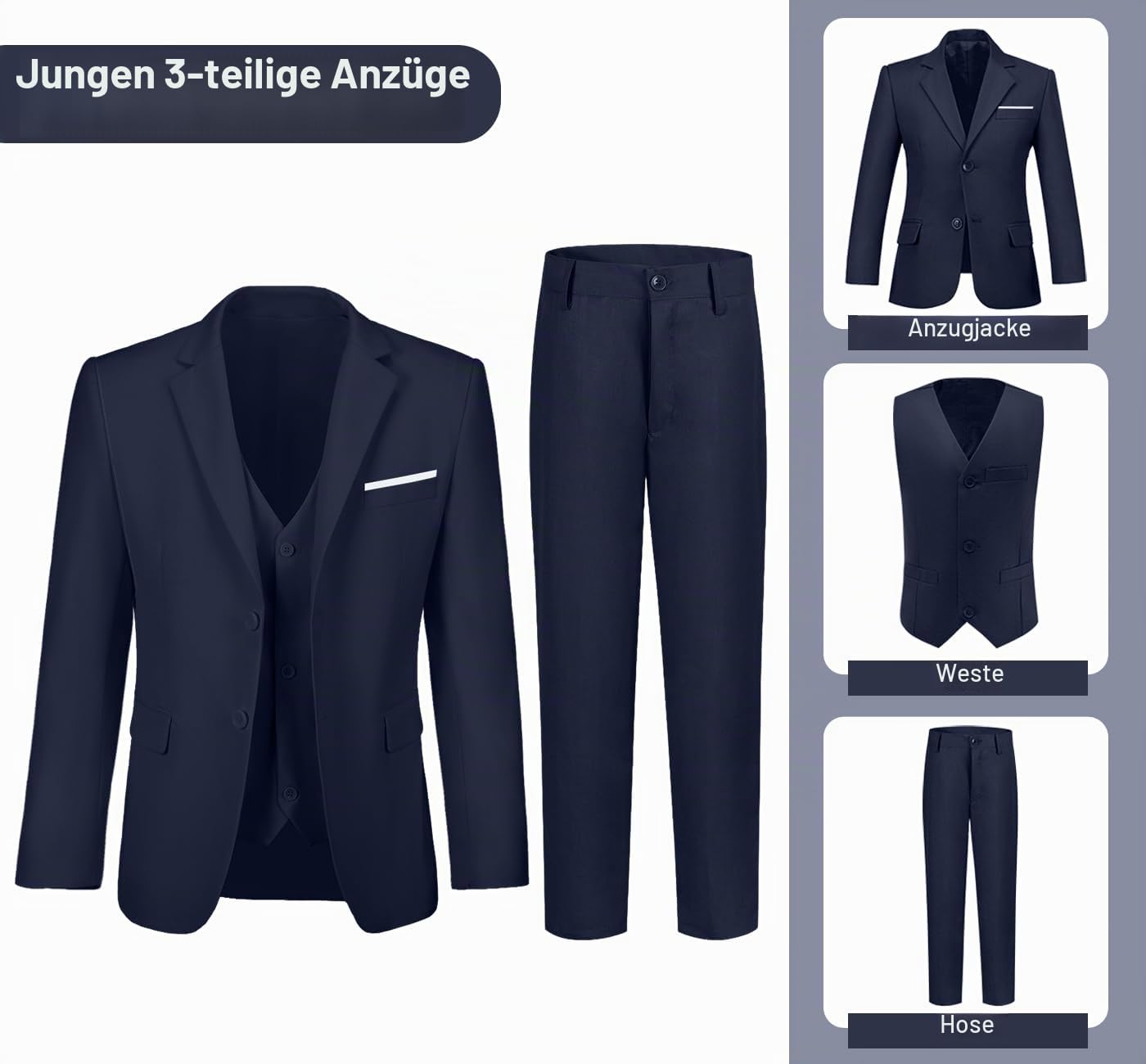 Jungenanzüge, 3-teiliges Slim-Fit-Anzug-Set, Dresswear, Ringträger, Outfit für Jungen