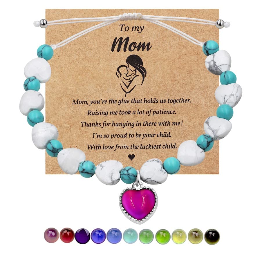 Image of Uloveido Color Changing Heart Mood Charm Bracelet for Mother Gift, Handmade Natural Turquoise Bracelet for Mom Grandmother Birthday Mother Day Gift Y3706