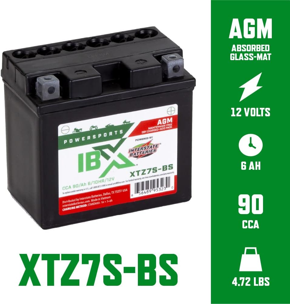 Interstate Batteries YTZ7S-BS Powersports Battery and Charger (Bundle) 12V 6Ah AGM Battery for Motorcycles, Scooters, ATVs with Portable Automatic Smart Charger (12V, 1.2A)