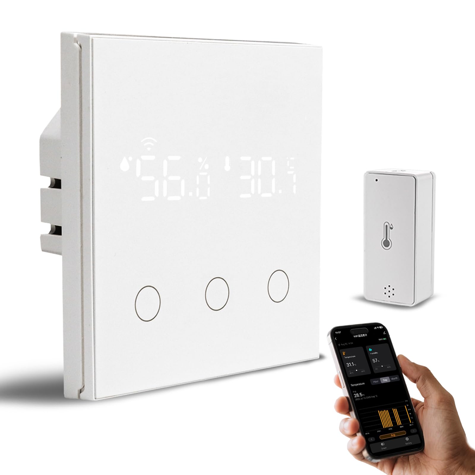 Interrupteur Lumière Connecté Mini Capteur Température D'humidité Intérieur | Tuya WiFi Interrupteur Tactile 3 Voies Mural Light Switch avec Rétroéclairage(Conducteur Neutre Requis) pour Alexa/Smart Life