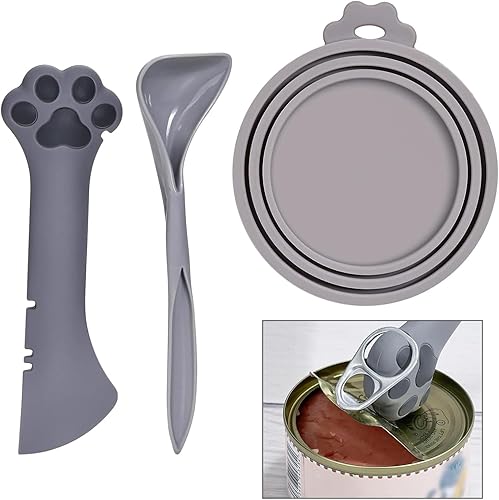 Miniatura 8 de mwellewm Juego de 6 suministros para latas de comida para mascotas, 2 tapas universales de silicona para latas de gatos, 2 mini espátulas