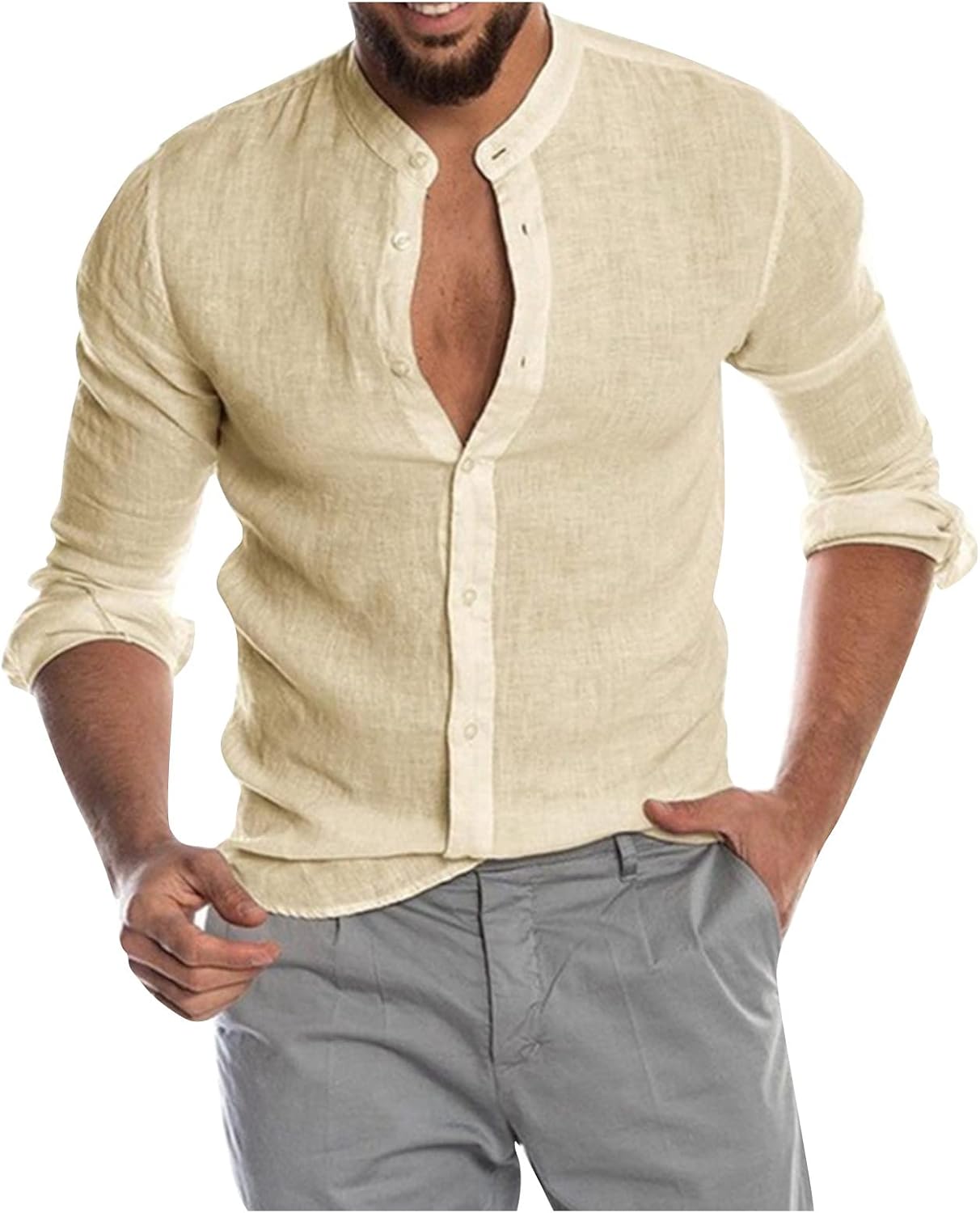 Ymosrh Men's Shirts Designer Spring Summer Casual Cotton Linen Solid Color Long Sleeve Shirts Loose, L-5XL