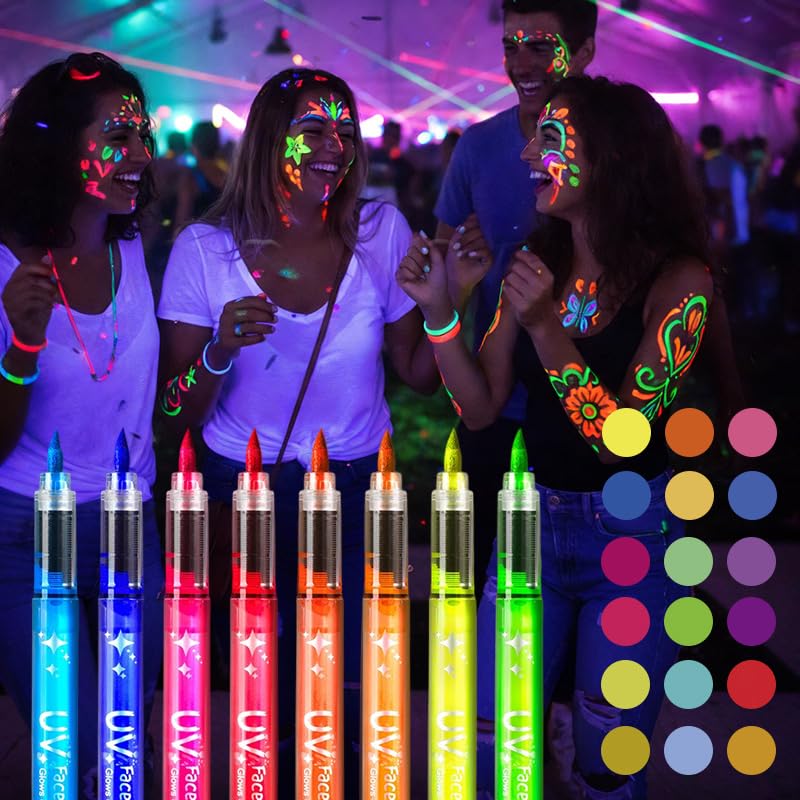 Neon Face Paint Markers, 2026 New Glow in the Dark Body Paint, Washable Temporary Tattoo Pens for Skin Glow Under Black Light Festival Party Supplies (18 Colors)
