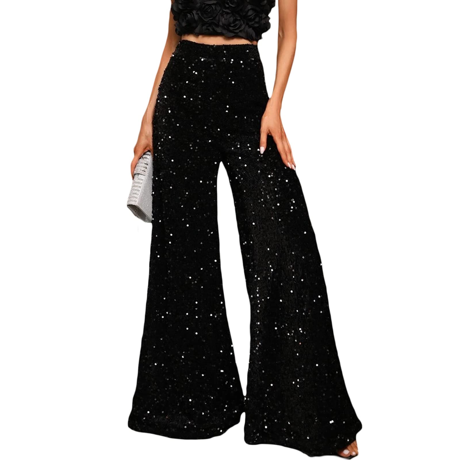 Womens Glitter Sequin Pants Sparkly Wide Loose Trousers Straight Leg Palazzo Pants Shiny Dance Bling Party Clubwear