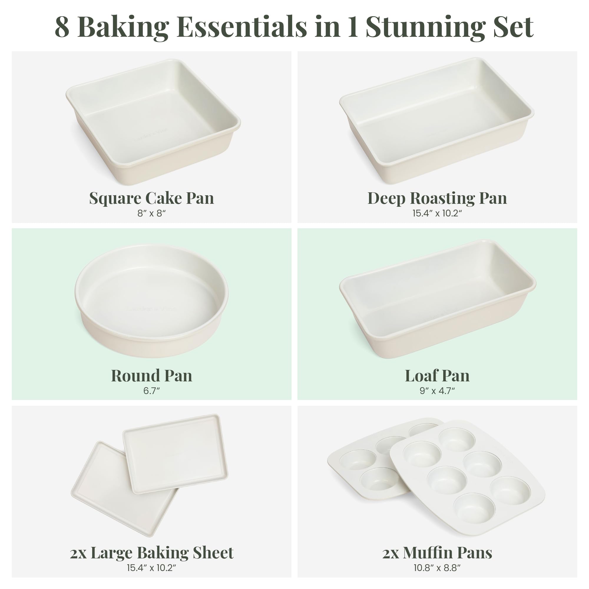 Larder & Vine 8-Piece Bakeware Set | Non-Stick Baking Set with Ceramic Finish | PFAS, PFOA, PTFE, and BPA Free Baking Essentials | Baking Sheets, Muffin Tins and Assorted Baking Pans | French Gray