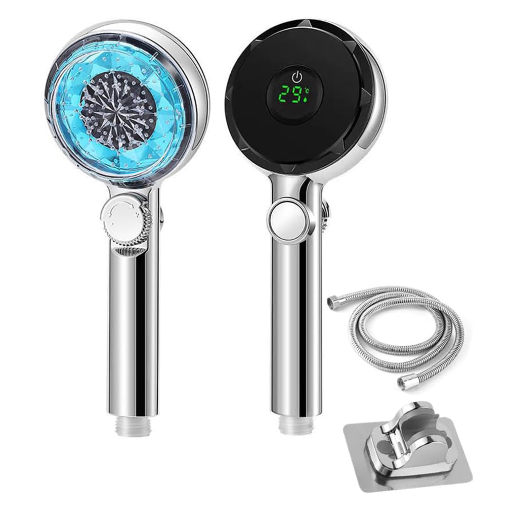 Sweet seven Chrome High-Pressure Handheld Shower Head Set with LED Display and Switch - Detachable with Stainless Steel Hose and Bracket