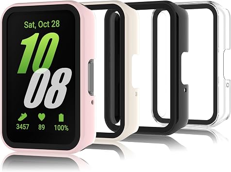 4 Pack Hard PC Glass Screen Protector Case Compatible with Samsung Galaxy Fit 3, Full Coverage HD Ultra-Thin Bumper Case Compatible with Galaxy Fit 3, Clear/Black/Beige/Pink