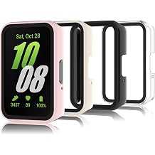 4-Pack Protective Case Compatible with Galaxy Fit 3, HD Hard PC Tempered Glass Screen Protector Bumper, Clear, Black, Pink, Beige