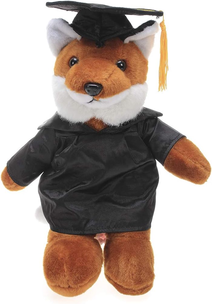 Plushland Fox Plush Stuffed Animal Toys Present Gifts for Graduation Day, Personalized Text, Name or Your School Logo on Gown, Best for Any Grad School Kids 12 Inches(Black Cap and Gown)