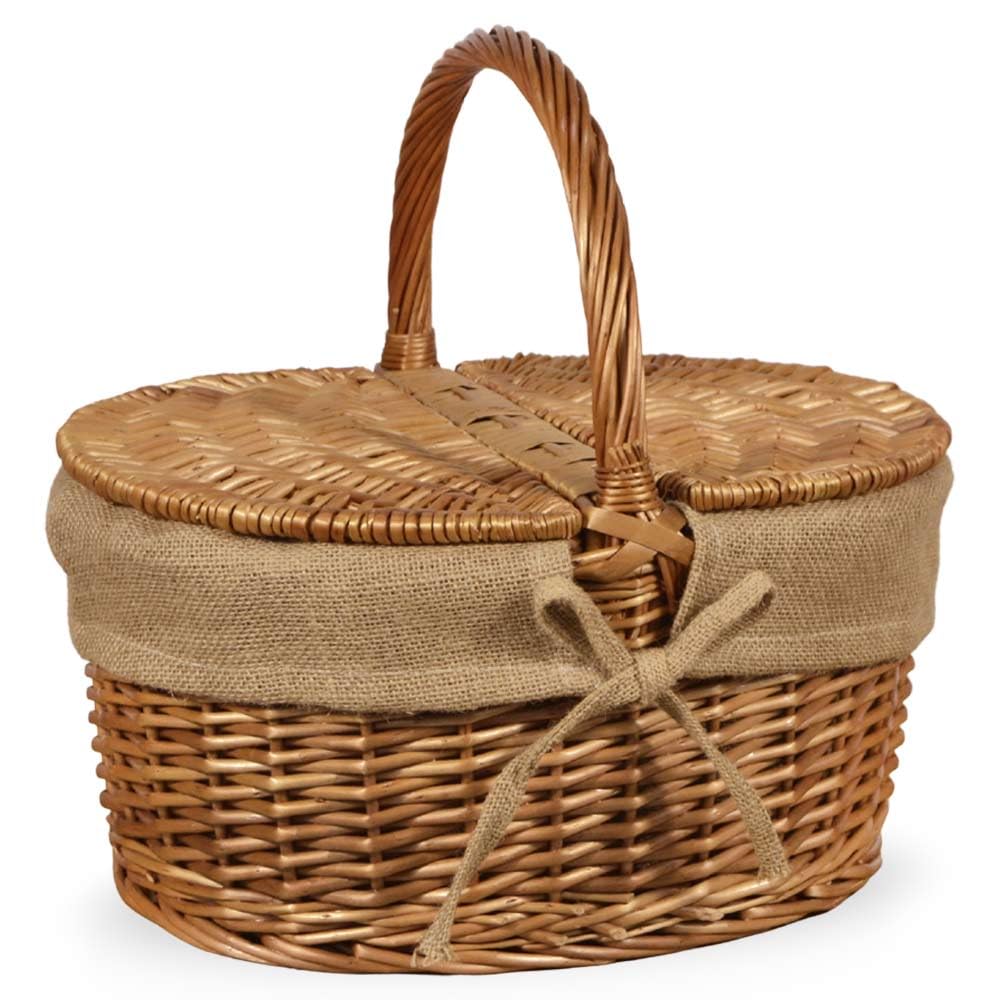 Cesto Picnic in Vimini e Juta con Coperchio e Manico 50x32 h42 cm — Cestino da Pic Nic per 2-4 Persone, Raccolta Funghi, Idea Regalo