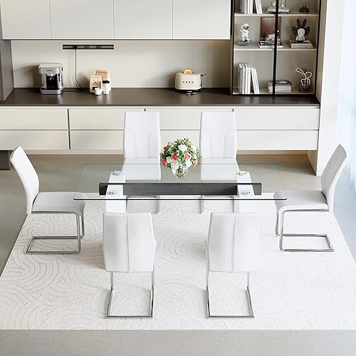 Miniatura 6 de FURNITO Juego de mesa de comedor de cristal para 6, mesa de cocina moderna y sillas para mesa de comedor de vidrio de 6.71 pulgadas con 6 sillas de