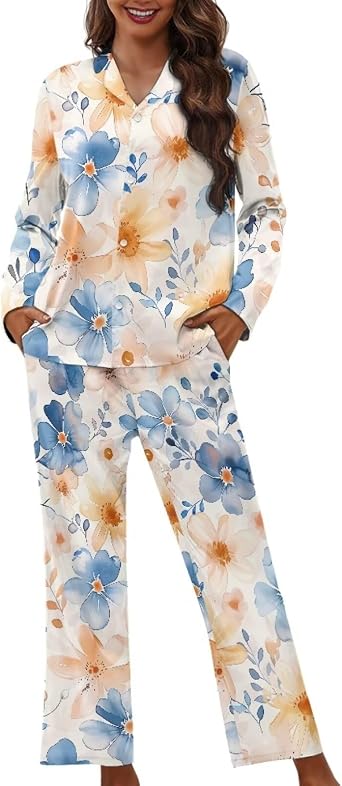 Modysero Womens Pajamas Long Sleeve Button Down Pajama Set for Woman Pj Sets Soft Cozy Loungewear with Notch Collar
