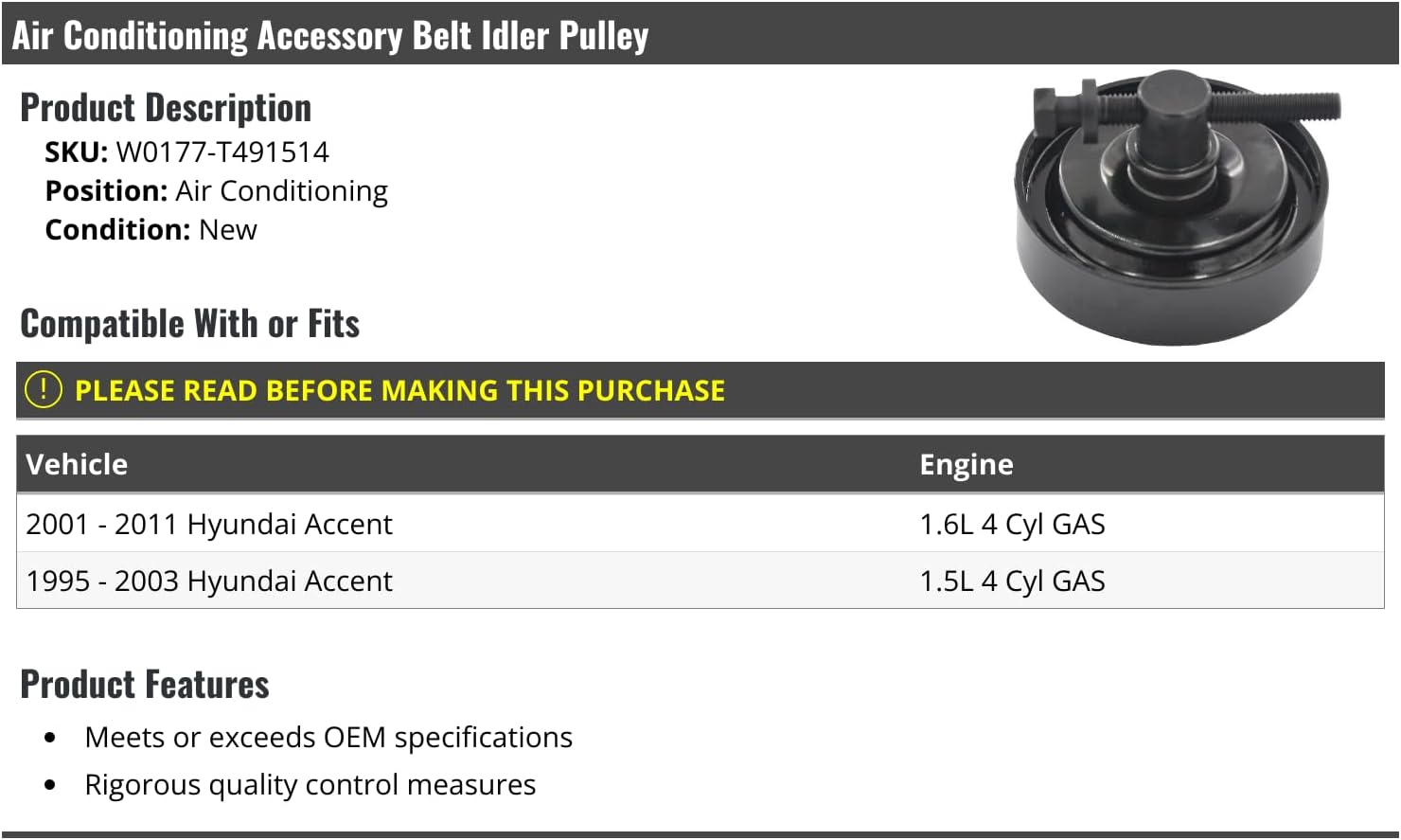 Marketplace Auto Parts Air Conditioning Serpentine Belt Idler Pulley - Compatible with 1995-2011 Hyundai Accent Gas