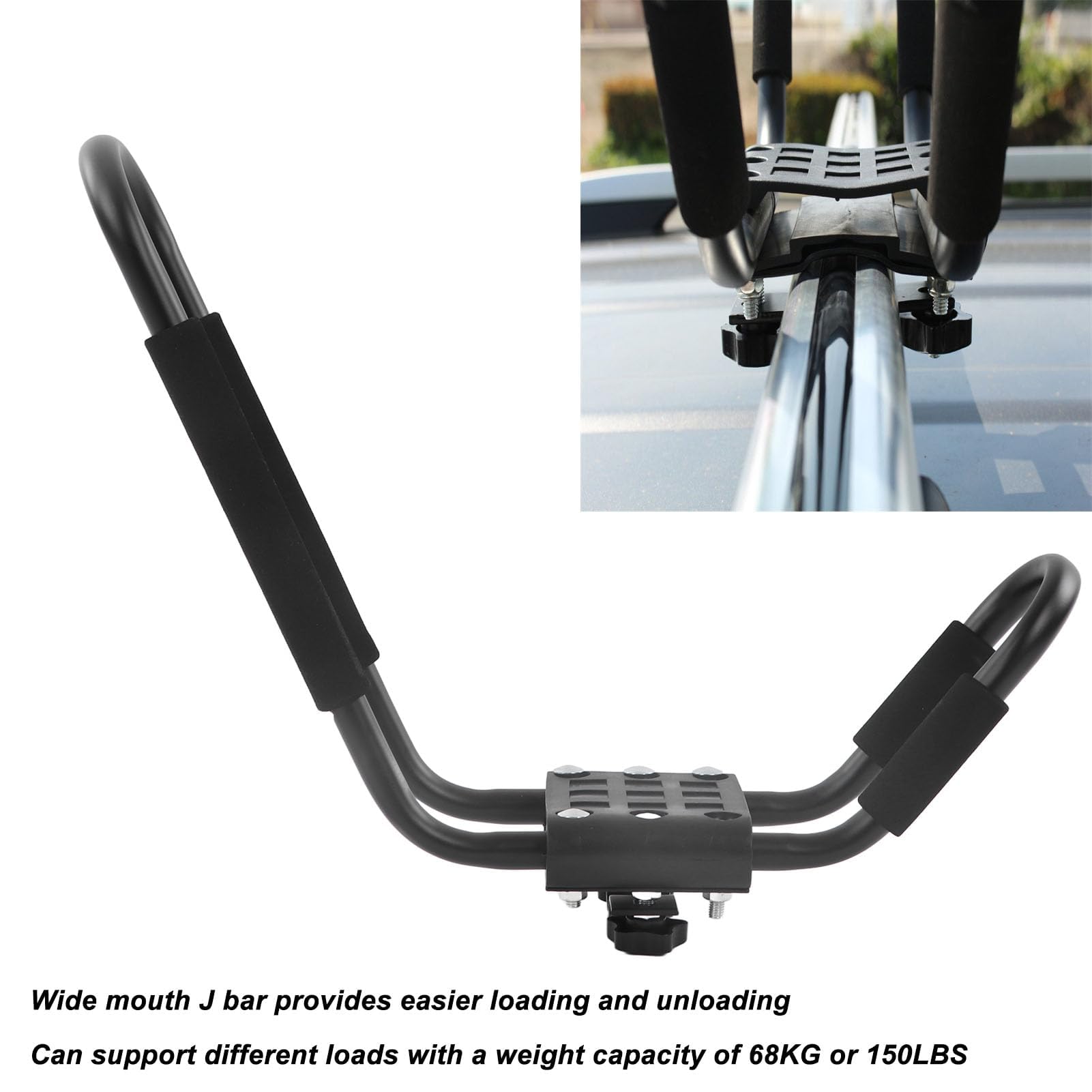 2 pares de barras de techo para kayak, soporte para kayak para coche, soporte para barco, soporte J Bar para canoa, tablas de remo, esquí, 68 kg, 150 kg