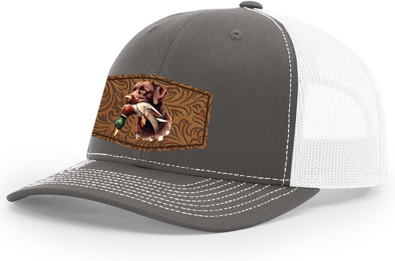 Heritage Pride AG Hat Co. Mens Patch Hat Chocolate Lab Duck Hunting Leather Patch Mesh Back Trucker Hat