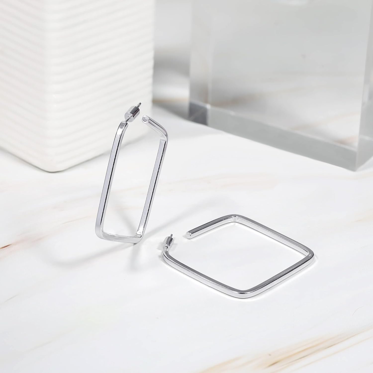 Hoops & Loops 925 Sterling Silver Geo Shape Open Square 46mm Geometric Hoop Earrings for Women, Silver, Yellow & Rose Gold