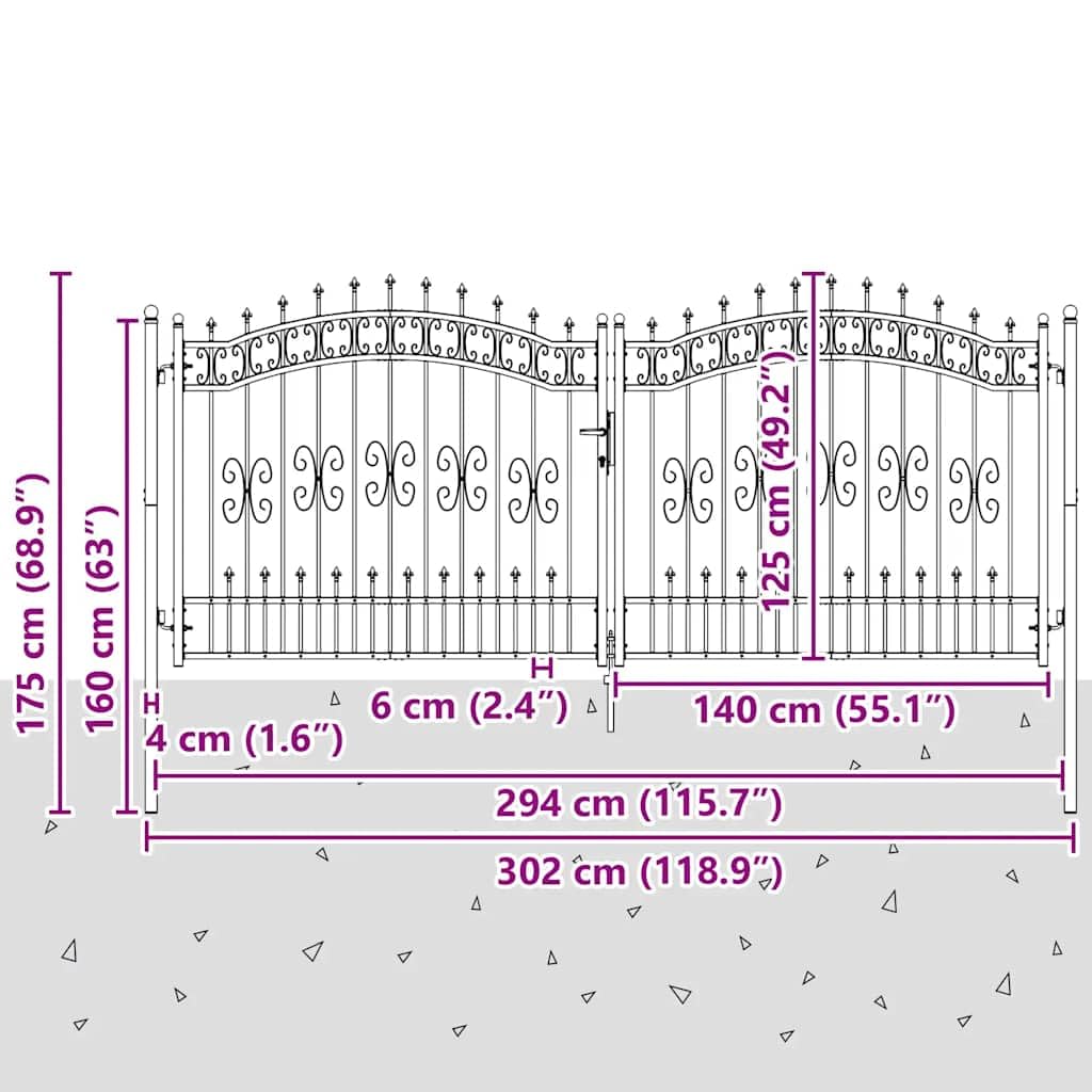 vidaXL Portail de clôture KAMPEN avec Pointe en Acier Noir 302 x 125 cm