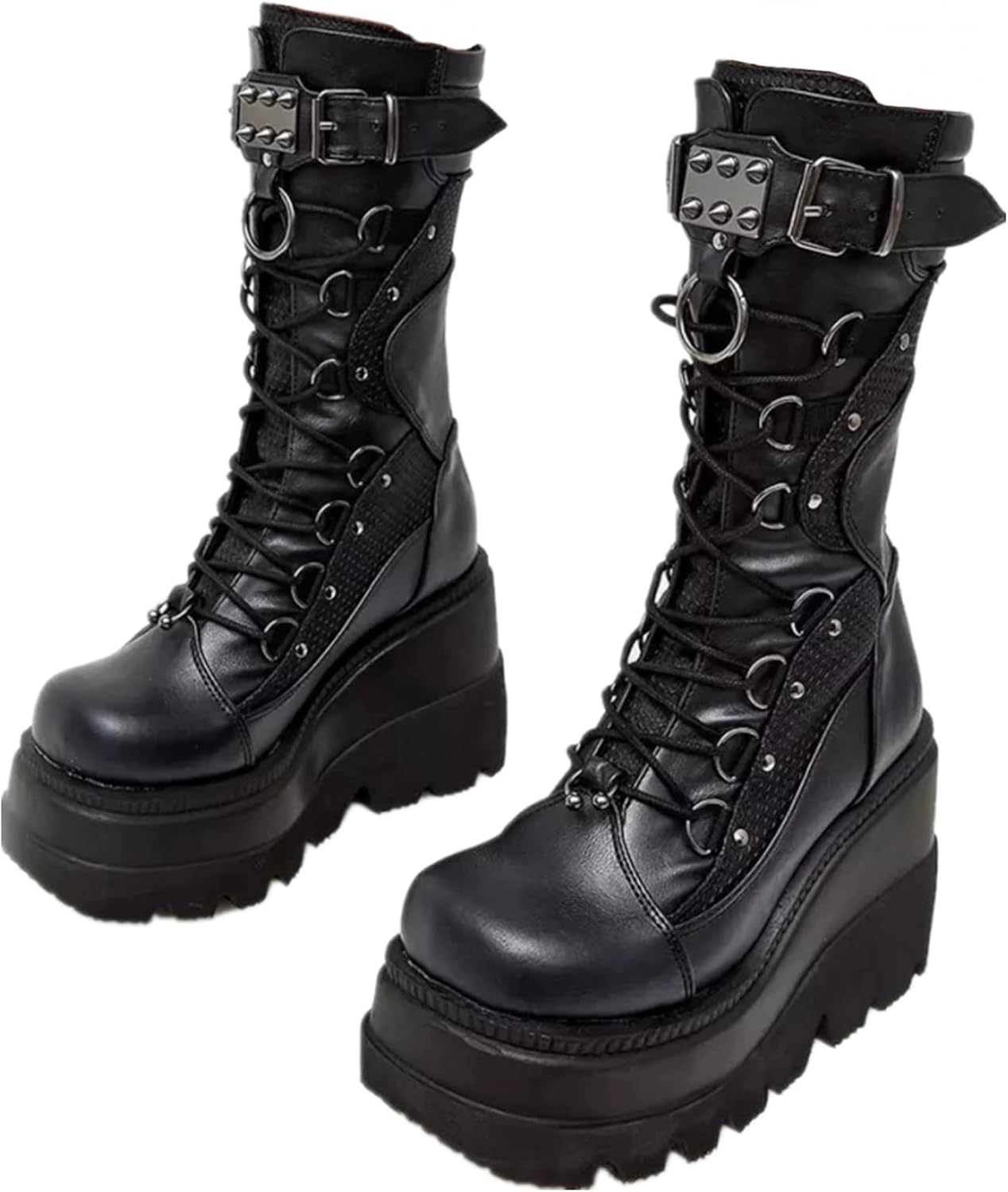 Women's Platform Boots Round Toe Lace-Up Chunky Zip High Heel Combat Wedge Ankle Boots Waterproof Motorcycle Boots
