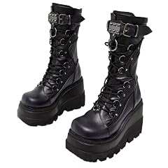 Womens Platform Boots Round Toe Lace-Up Chunky Zip High Heel Combat Wedge Ankle Boots Waterproof Motorcycle Boots