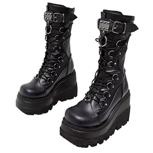 Womens Platform Boots Round Toe Lace-Up Chunky Zip High Heel Combat Wedge Ankle Boots Waterproof Motorcycle Boots