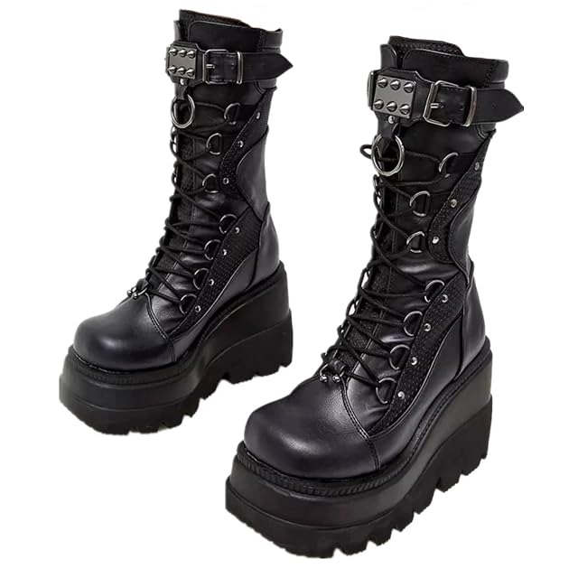Womens Platform Boots Round Toe Lace-Up Chunky Zip High Heel Combat Wedge Ankle Boots Waterproof Motorcycle Boots