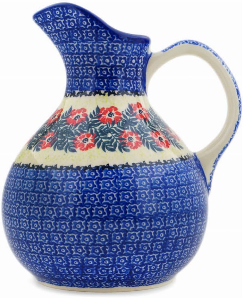 Polmedia Polish Pottery Pitcher - Red Wreath Pattern Handmade in Boleslawiec Poland by Ceramika Bona + Certificate of Authenticity