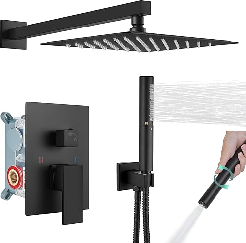 Heyalan Sistema de ducha cuadrado con cabezal de ducha de lluvia, accesorio de grifo de ducha 2 en 1, rociador de ducha de mano áspero en válvula,