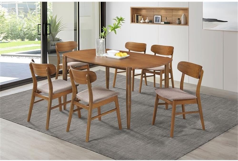 Pemberly Row Modern 7-Piece Solid Wood Dining Set, Walnut Finish, Includes Oval Table and 6 Upholstered Chairs, Asian Hardwood, Transitional Style for Kitchen or Dining Room, Seats 6