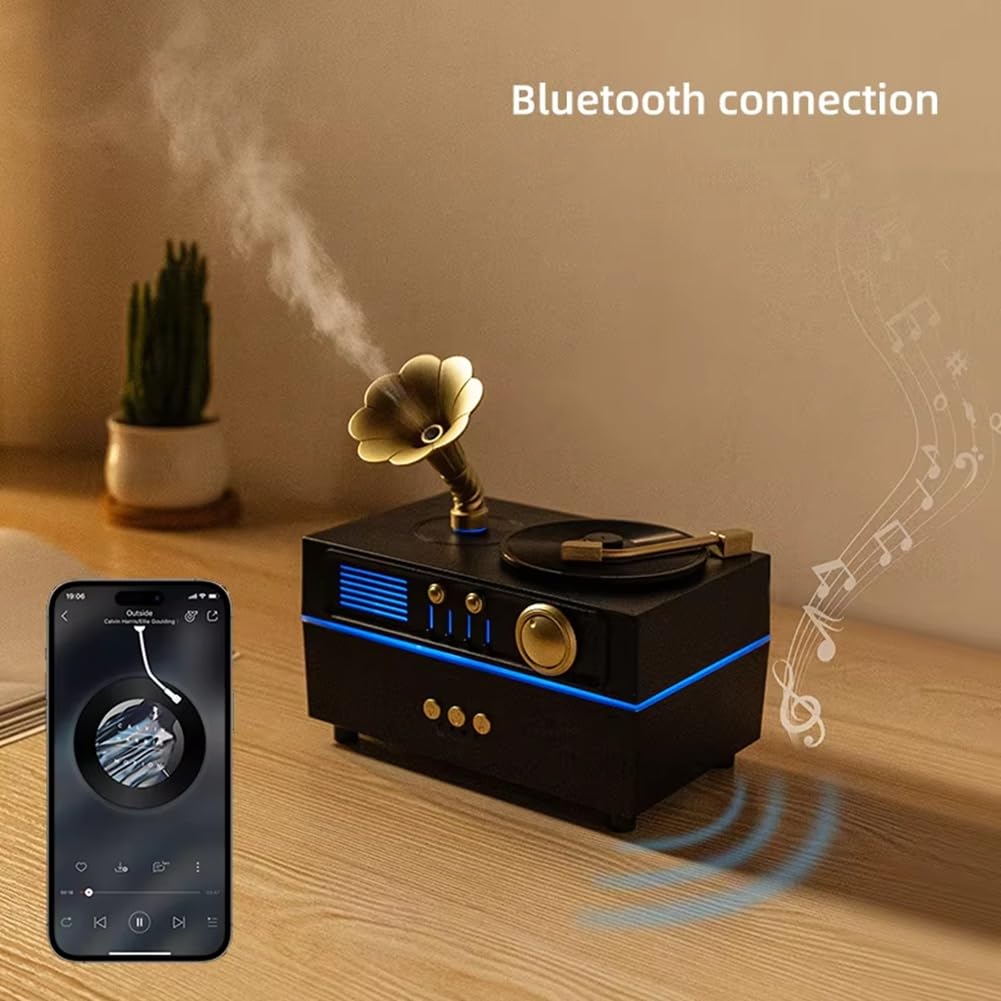 Humidificador Difusor de Aroma con Gramófono Retro Giratorio con Altavoz Bluetooth para Decoración del Hogar y la Oficina.