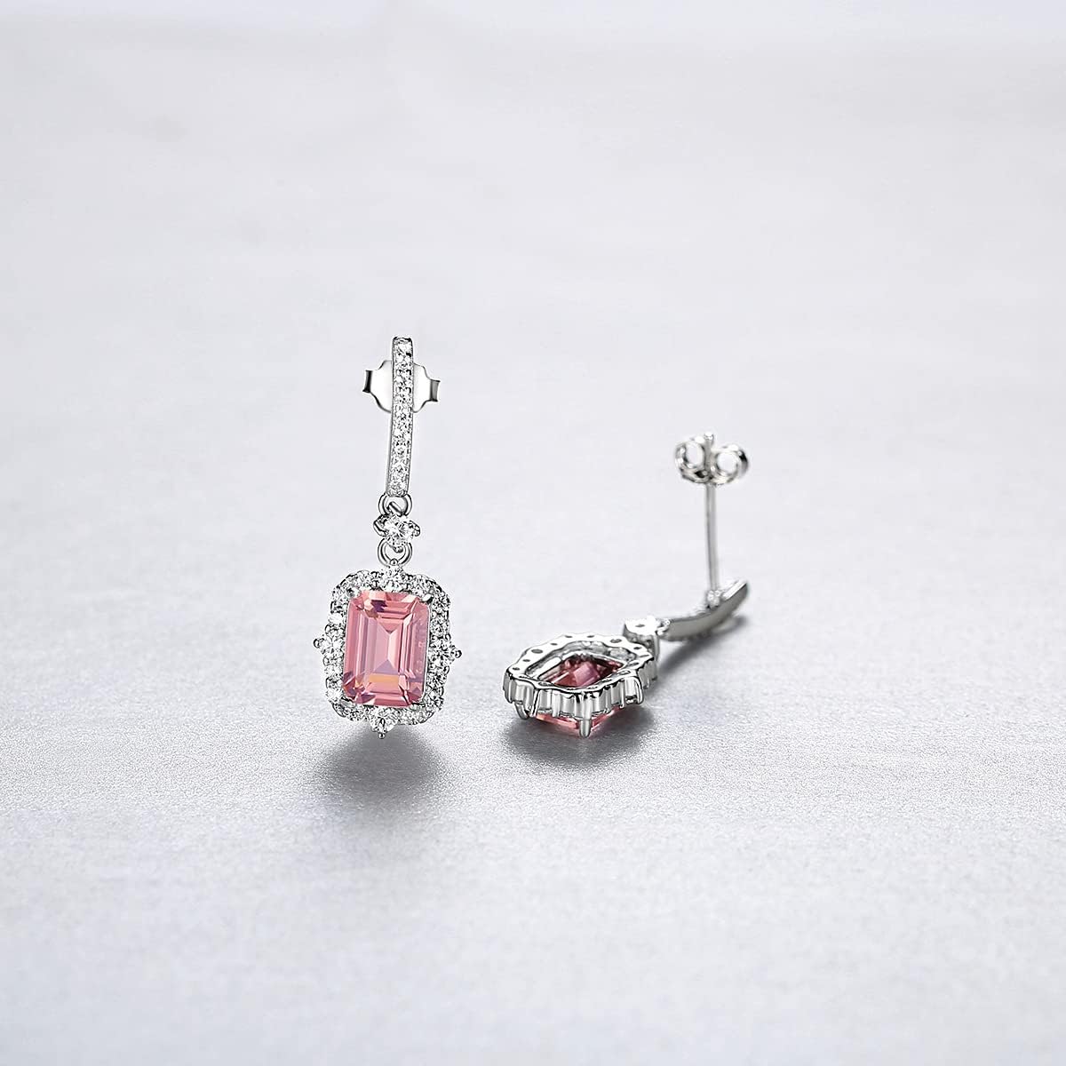 925 Sterling Silver Stud Earrings with Zircons and Pink Morgan Stone Inlaid Fashion Elegant Pink Synthetic Gem Drop Earrings