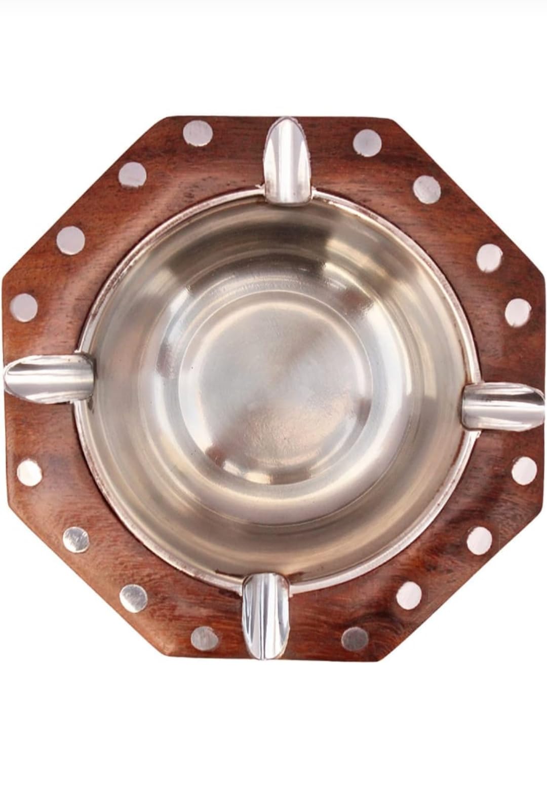 Izna crafts ctagonal Wooden Ashtray with Stainless Steel Bowl, Polka Dot Design, Silver and Brown-image-11