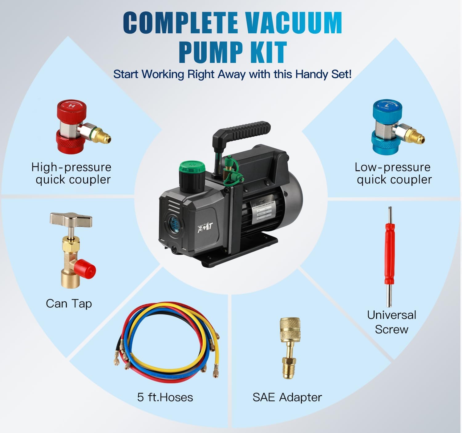 PB Motor TECH 4.5CFM 1/3HP Vacuum Pump and 3-Way AC Manifold Gauge Set for R134a R12 R22 R502, with Puncture Can Tap and Accessories